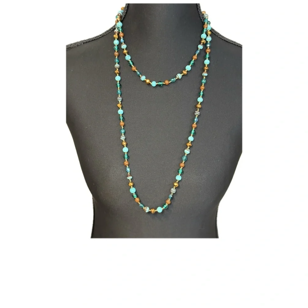 Turquoise Amber Teal Glass Beaded Long‎ Multi Strand Bohemian Necklace Gold Tone